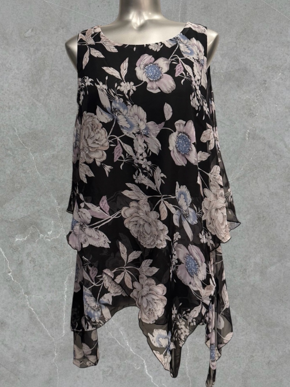 Women's Black Floral Layered Handkerchief Hem Tunic